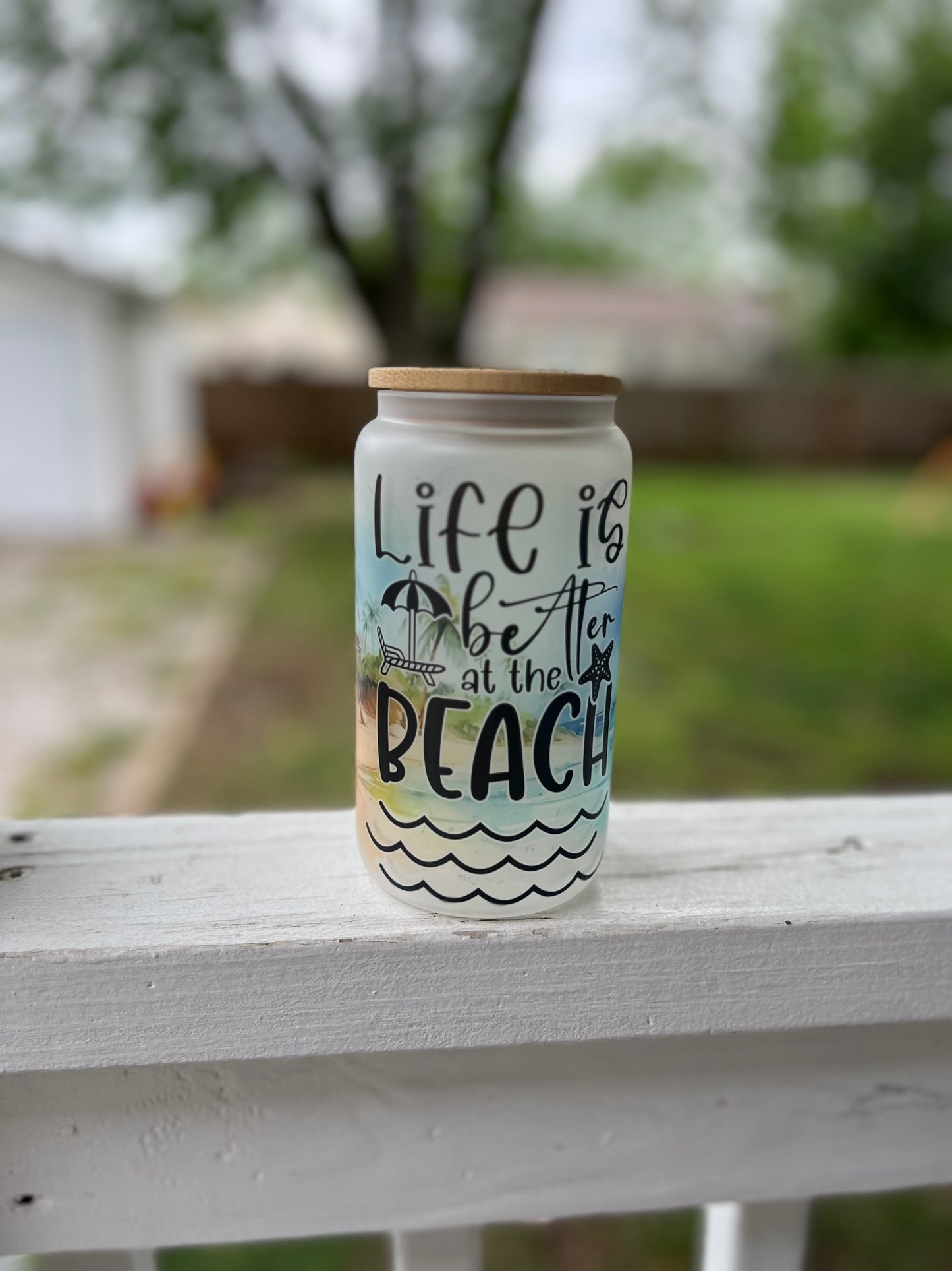 Beach Collection- Frosted Glass Beer Can Mason Jar